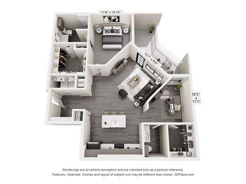 Floor plan for 1 bed, 1 bath, 1062 sqft